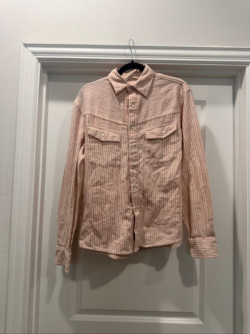 Umber and Ochre Women's Size Small Red White Striped Long Sleeve Button Down Top